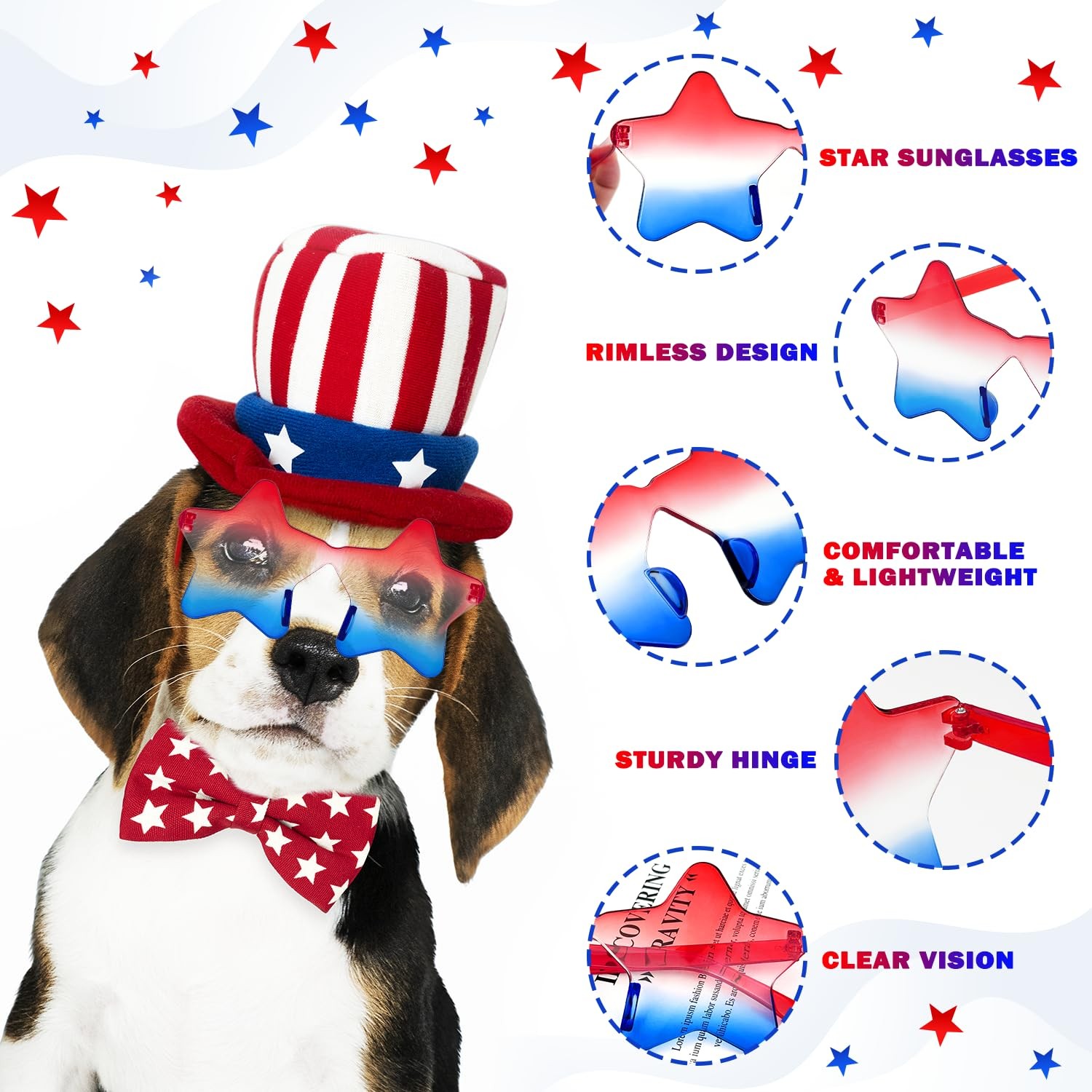 4th of July Red White Blue Sunglasses 3 PCS for Women Men, Patriotic Star Rimles