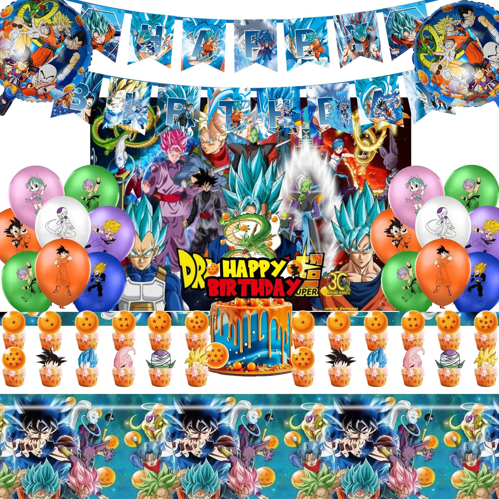 44PCS Dragon Ball Birthday Party Supplies: Banner, Cake Topper, Tablecloth, B…