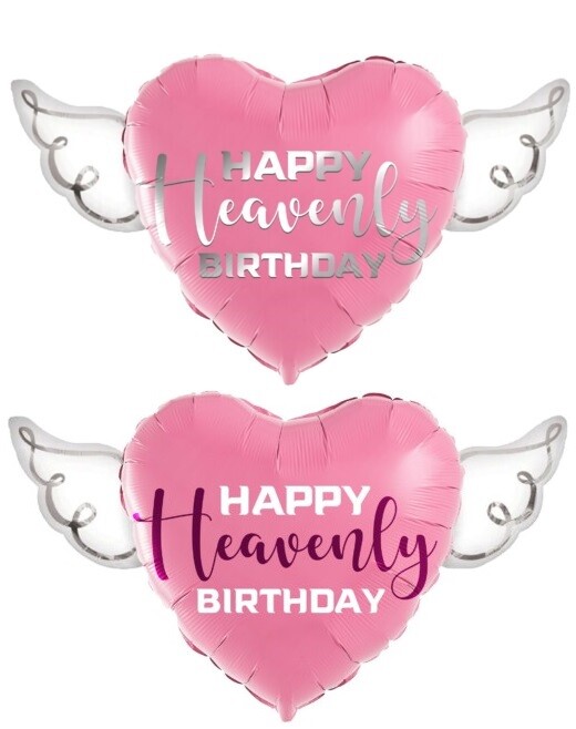 Happy Heavenly Birthday Balloon Heart Shaped with angel wings (pink)