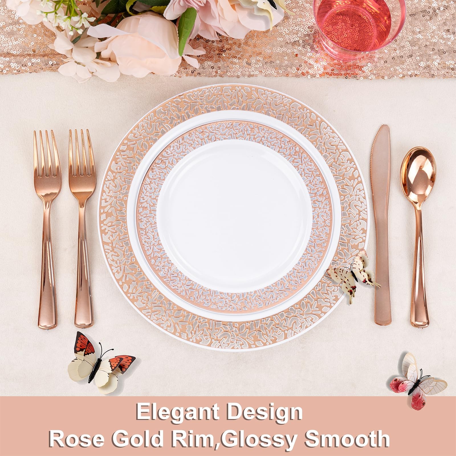350 PCS Rose Gold Disposable Dinnerware Set for 50 Guests, Disposable Rose Go…