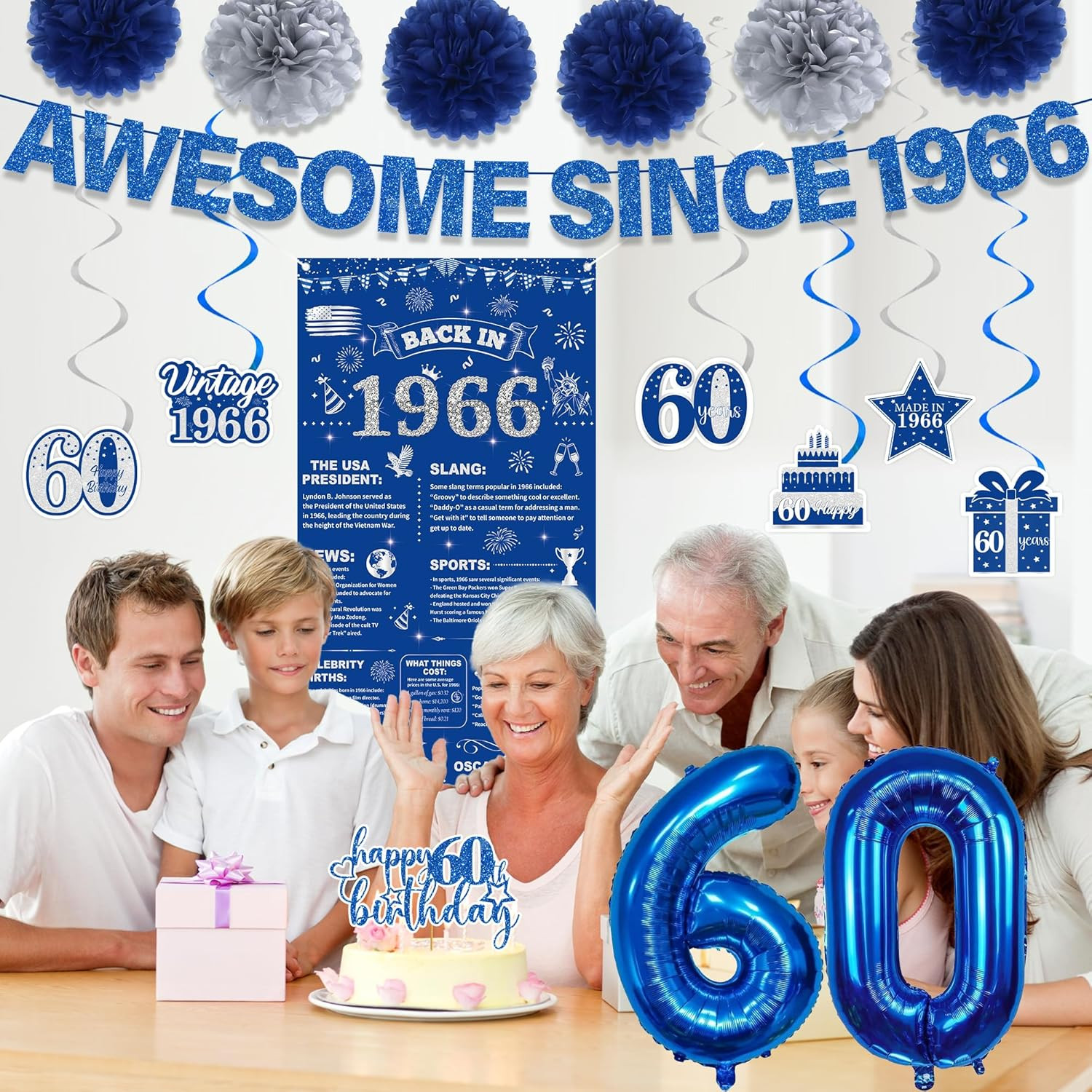 60Th Birthday Decorations Men Banner – 17 Pcs Blue Glitter Back in 1966 Birthday