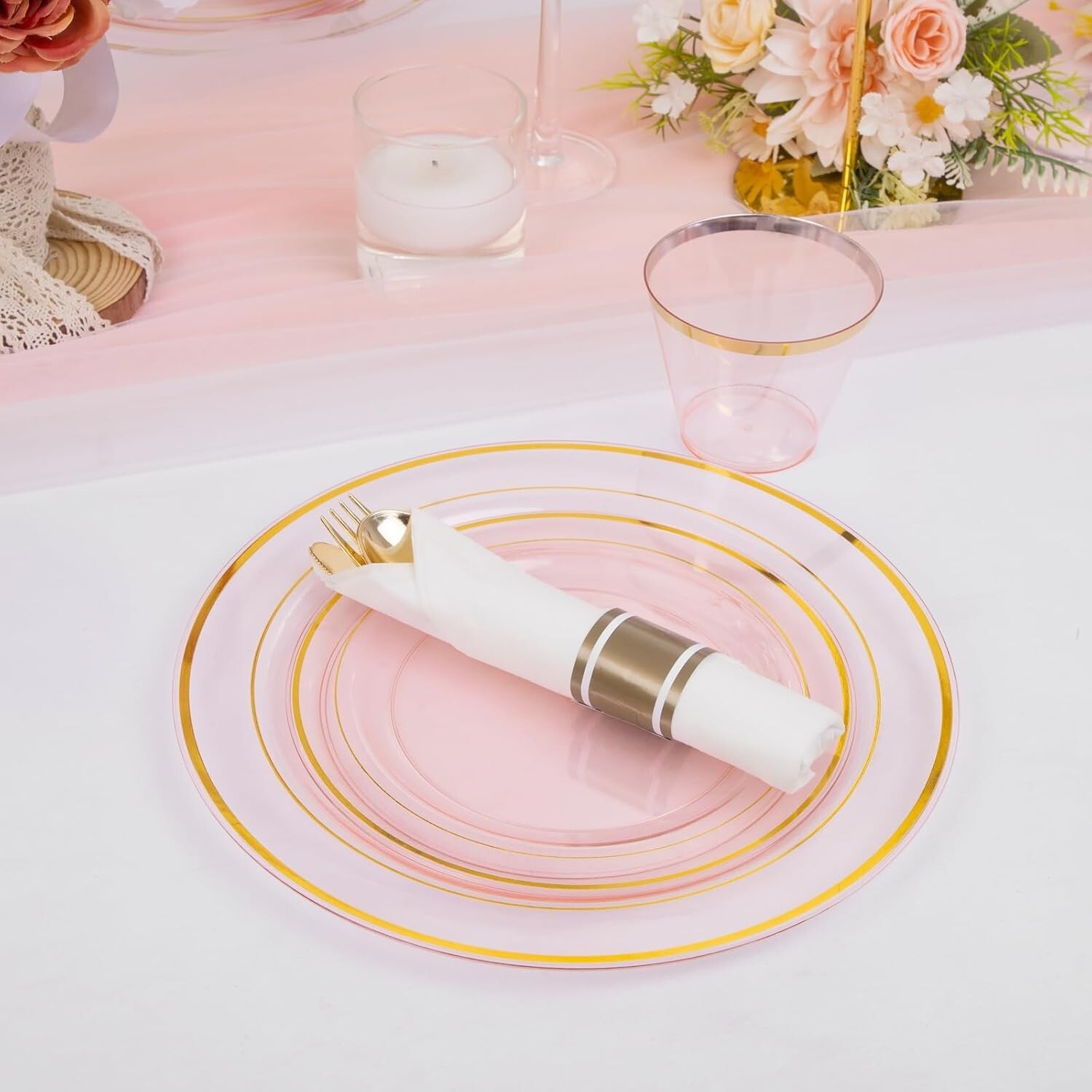 210Pcs Clear-Pink Plastic-Plates – Pink and Gold Plastic Dinnerware include 3…