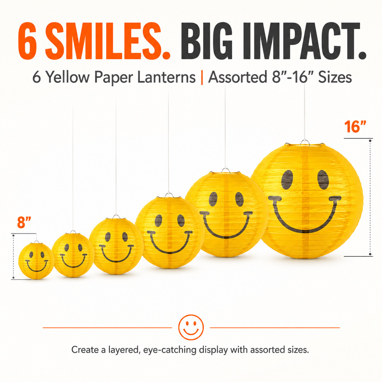 Yellow Smile Happy Face Paper Lanterns 6 Pc 8-16 In Retro Party Hanging Decor