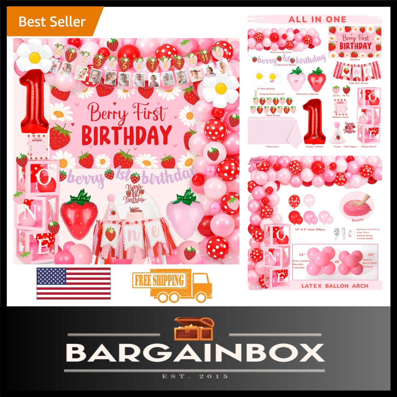 Berry 1st Birthday Decor Set: Strawberry Theme with Balloon Arch & Backdrop