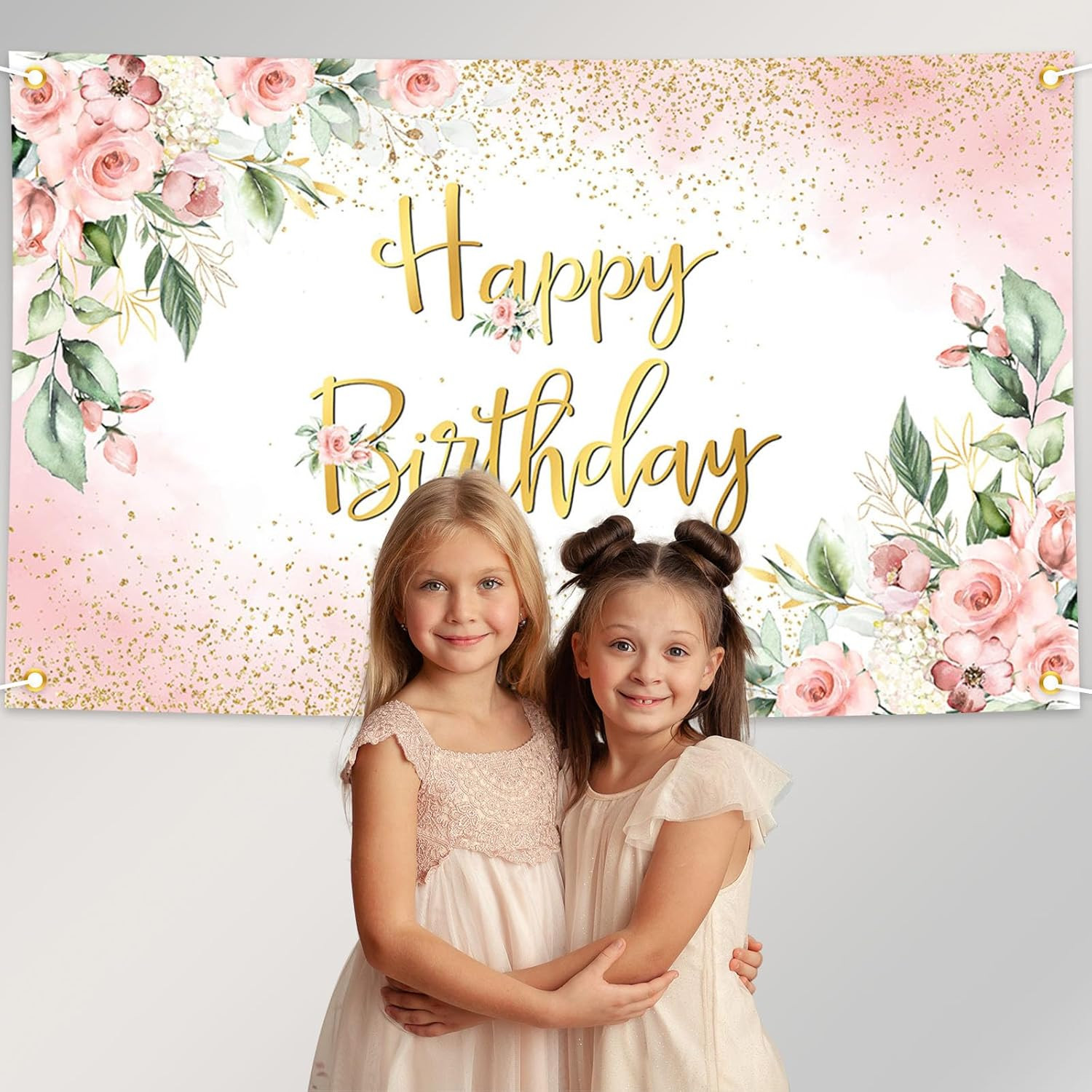 Rose Gold Birthday Backdrop for Women Pink Floral Golden Flash Happy Birthday Pa