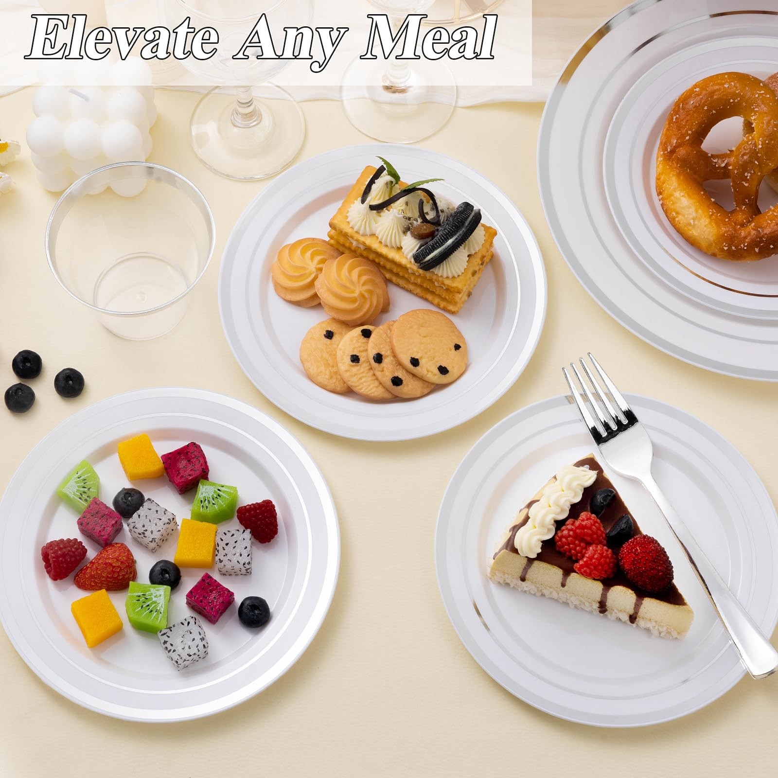 100 Piece Silver Rim Plastic Plates – 50 Dinner Plates 10.25″ & 50 Dessert Pl…