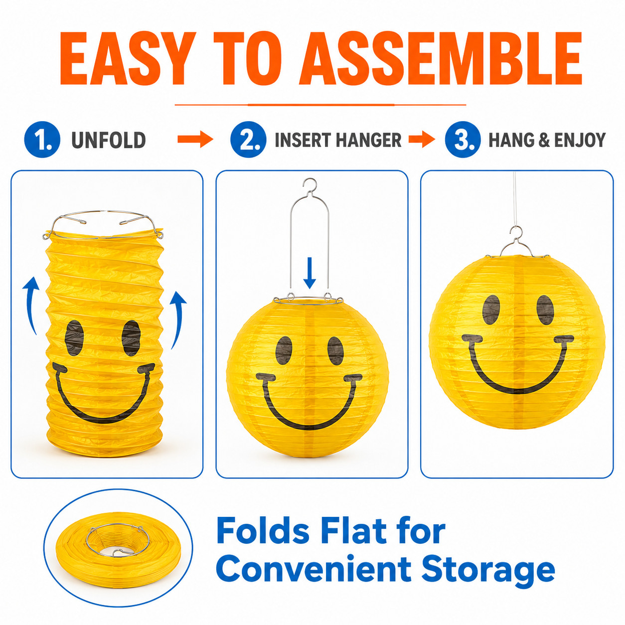Yellow Smile Happy Face Paper Lanterns 6 Pc 8-16 In Retro Party Hanging Decor