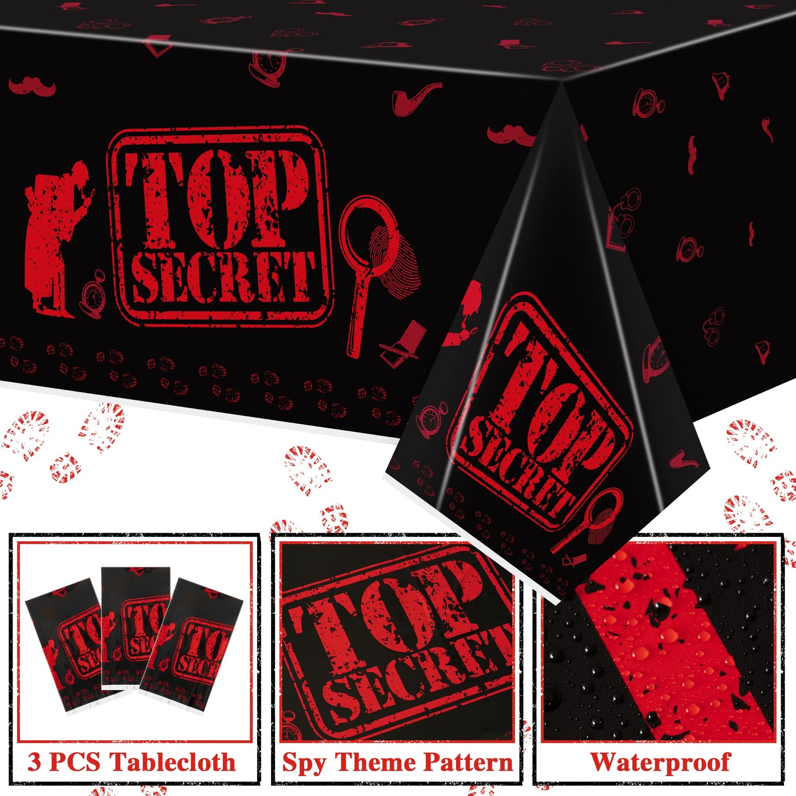 K1tpde 3PCS Spy Party Tablecloths for Kids Birthday 87×51 inches, Black
