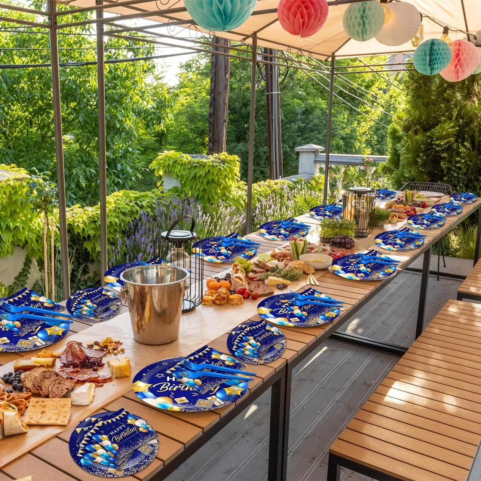 50 Guest Blue & Gold Birthday Party Plates, Napkins & Tableware Set – 200 PCS
