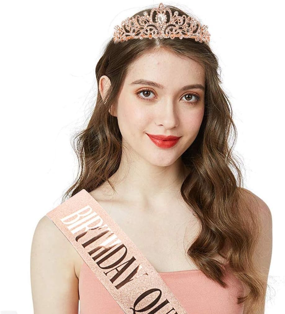 Stylish Rhinestone Tiara and Adjustable Birthday Sash Set in Rose Gold