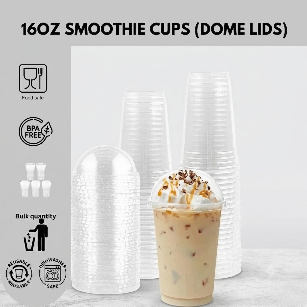 Reusable Clear PET Smoothie Cups with Dome Lids 16oz Cold Drink Milkshake Cups