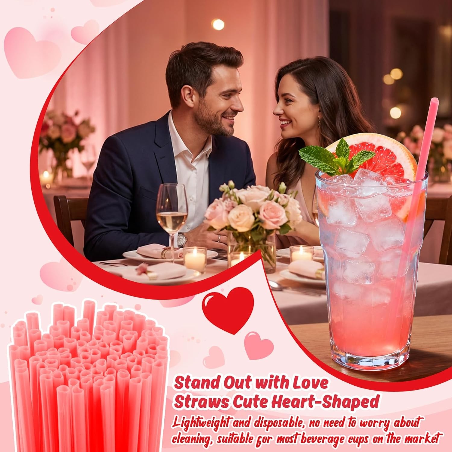 100PCS Valentines Day Heart Straws – Heart Shaped Pink Straws Plastic Disposable