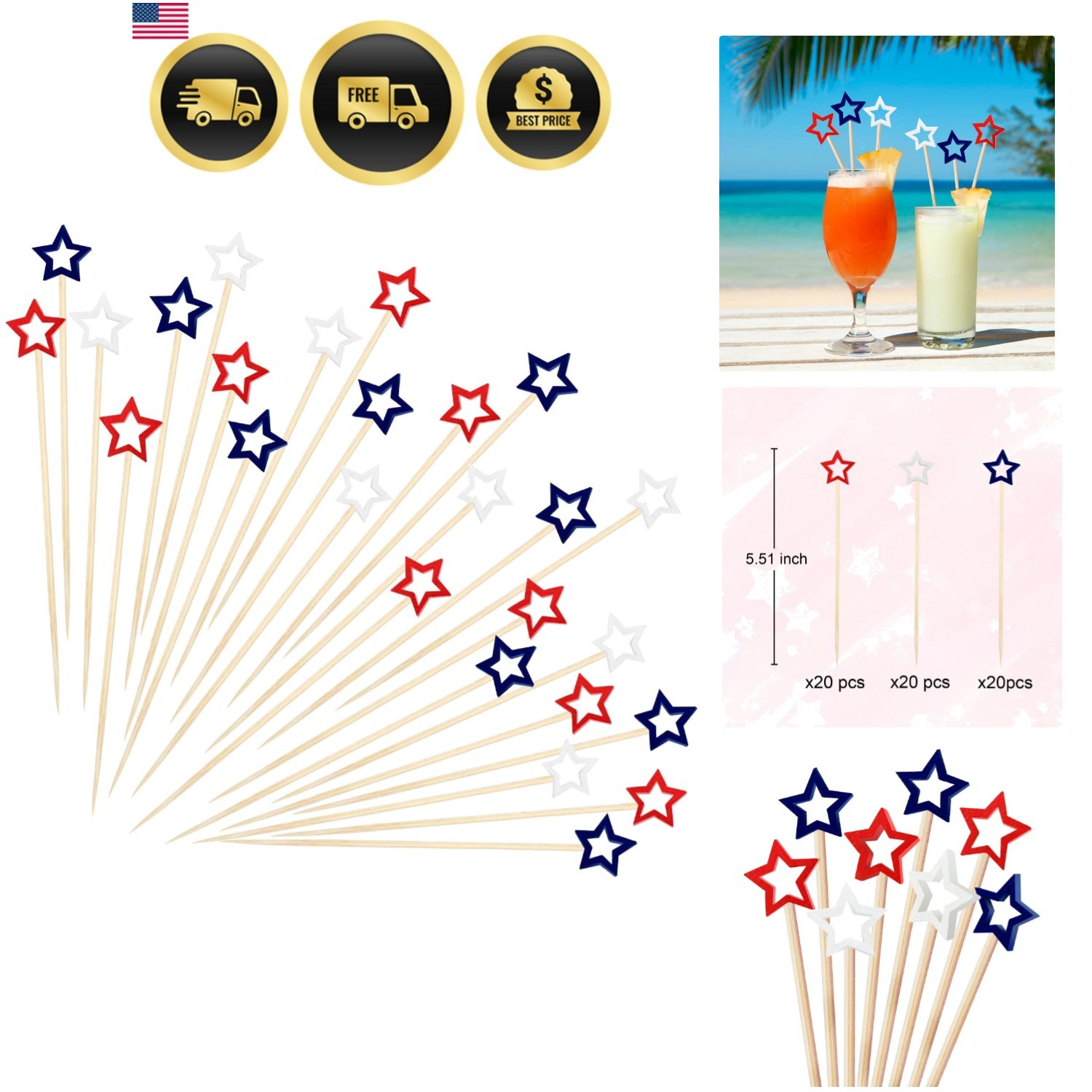 60 Counts 5.5 Inch Star Cocktail Picks Red White Blue Fancy Toothpicks Fruit …