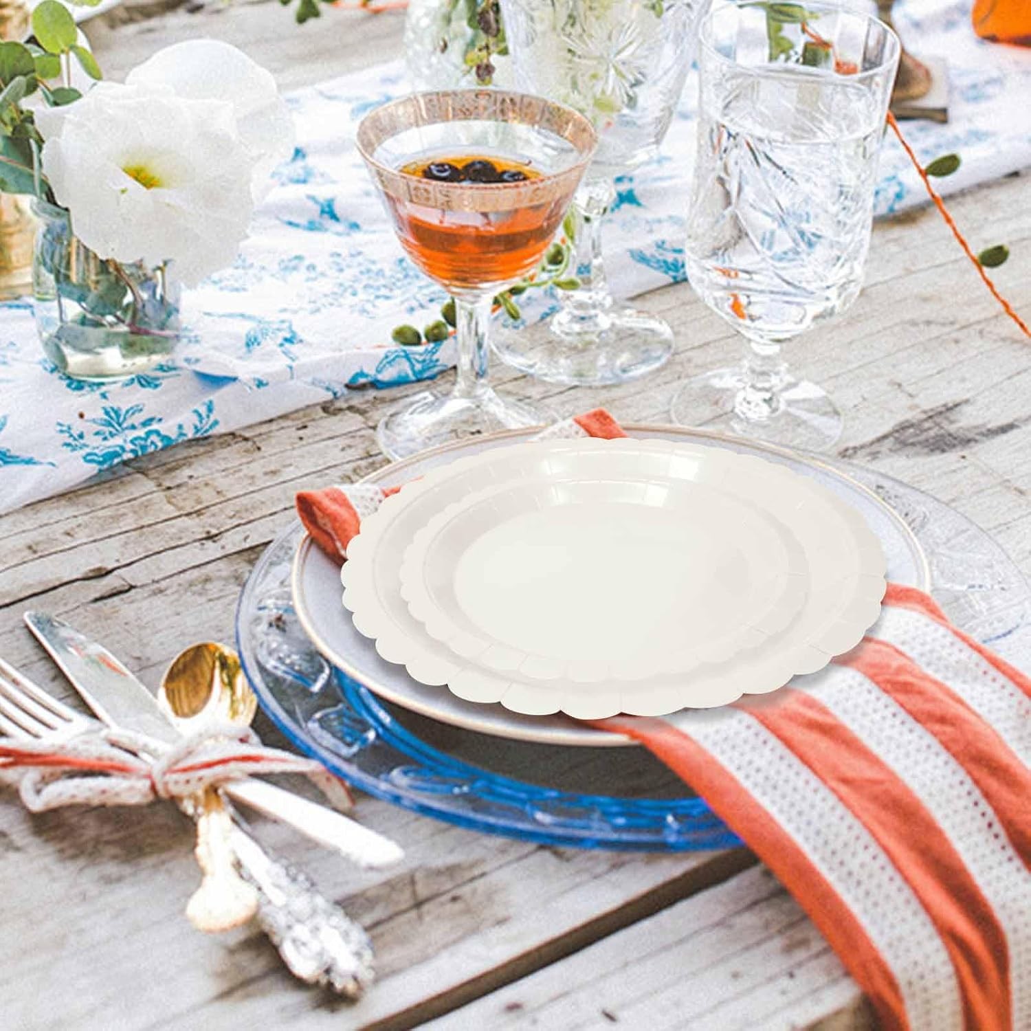 50 Pcs Ivory Scalloped Paper Plates 25 × 7” and 25 × 9” Disposable Ivory