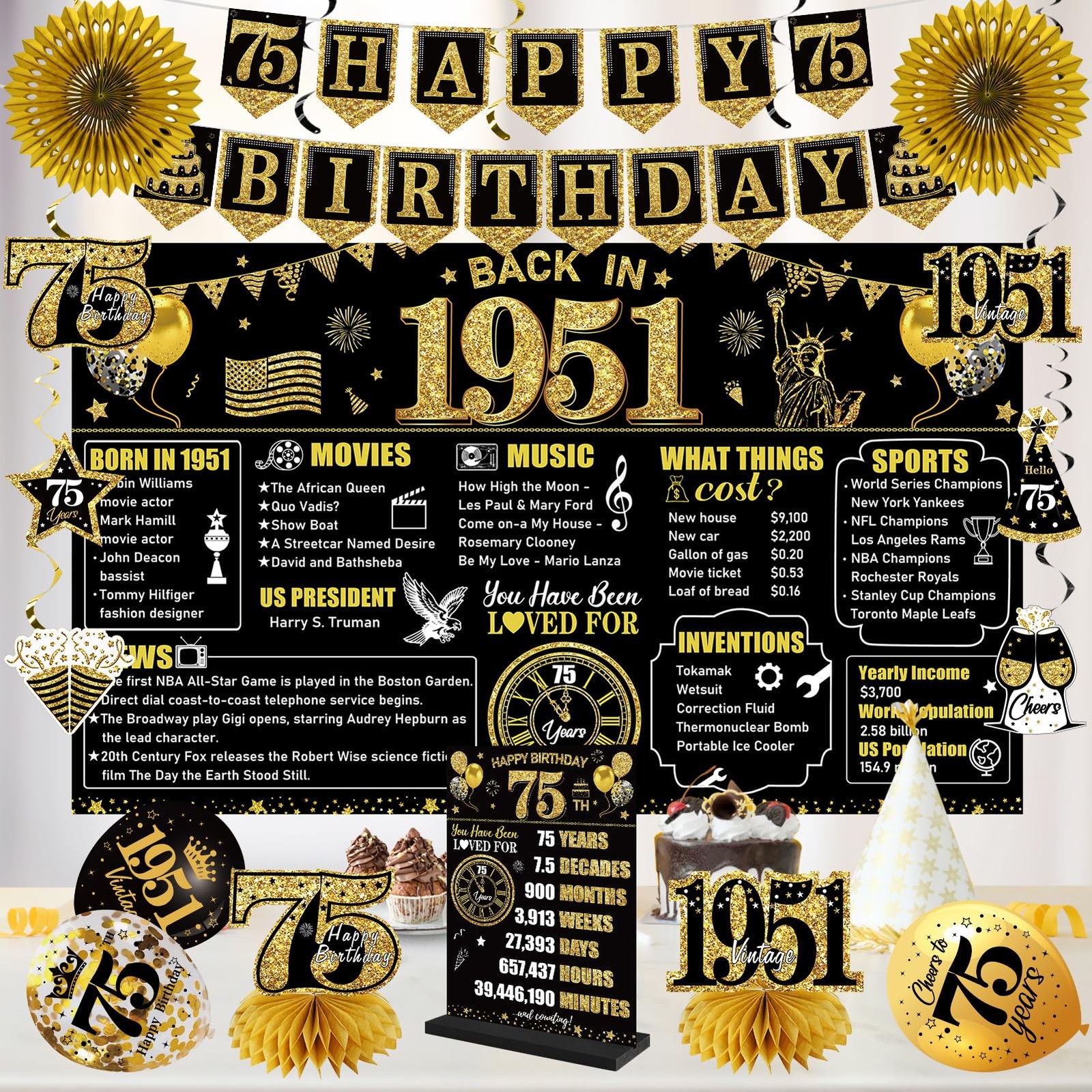 75th Birthday Decorations Kit for Men Women, Black Gold 24PCS Back in 1950