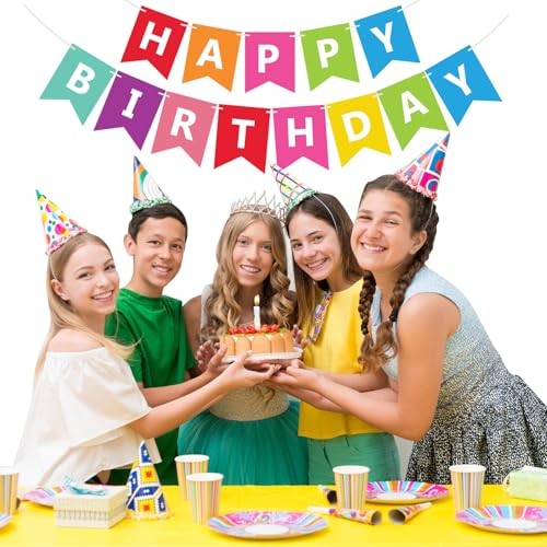 Fecedy Colorful Happy Birthday Banner Bunting Pre-Strung No DIY for Multi