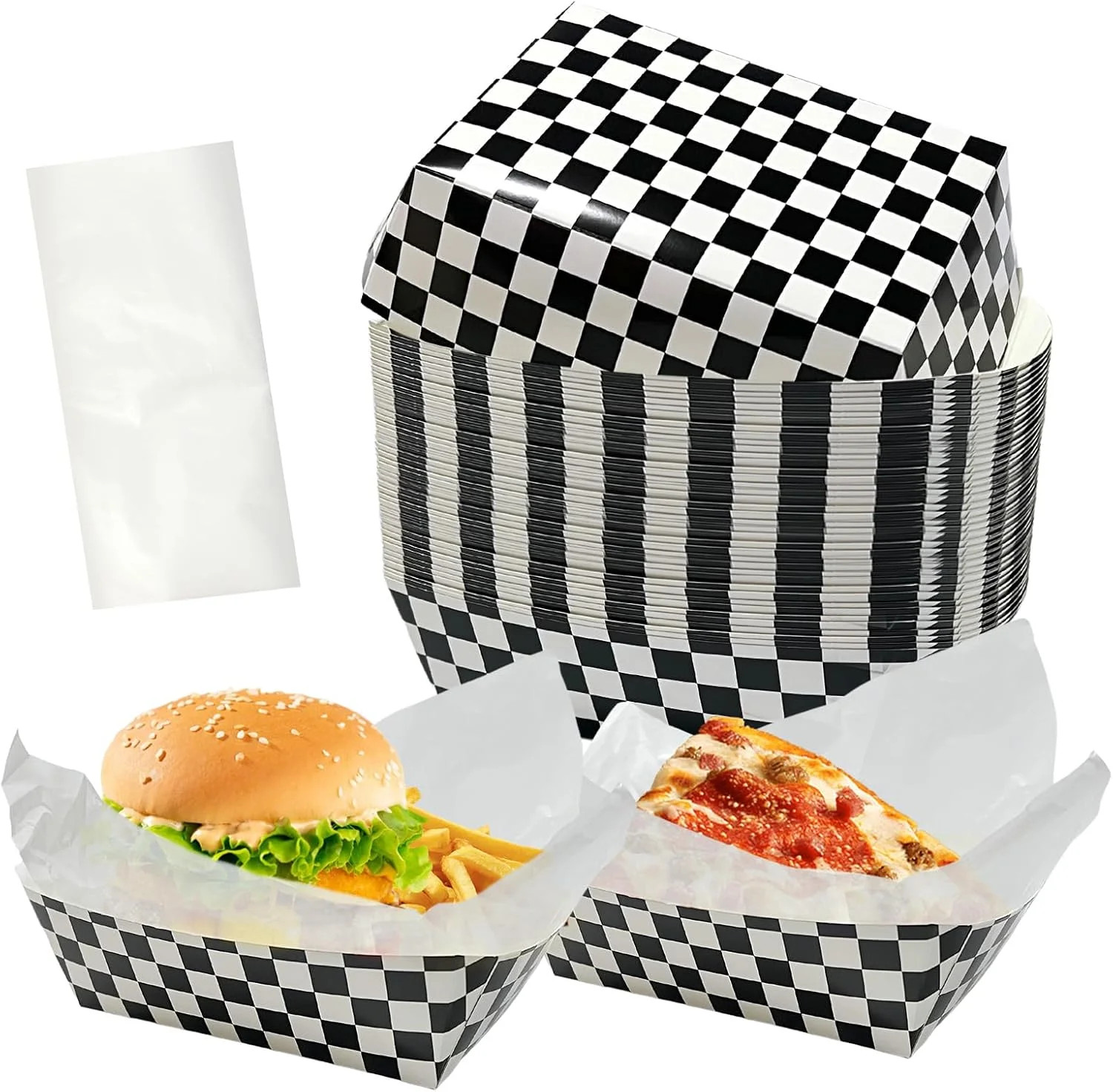 100 Pcs Checkered Race Car Paper Food Trays with 100 Deli Liner, Disposable Pape