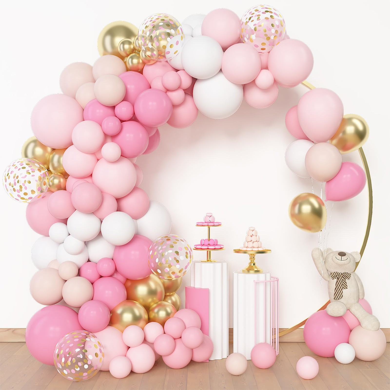144Pcs Pink Balloons Garland Arch Kit Light Pink Gold White Confetti Latex Me…