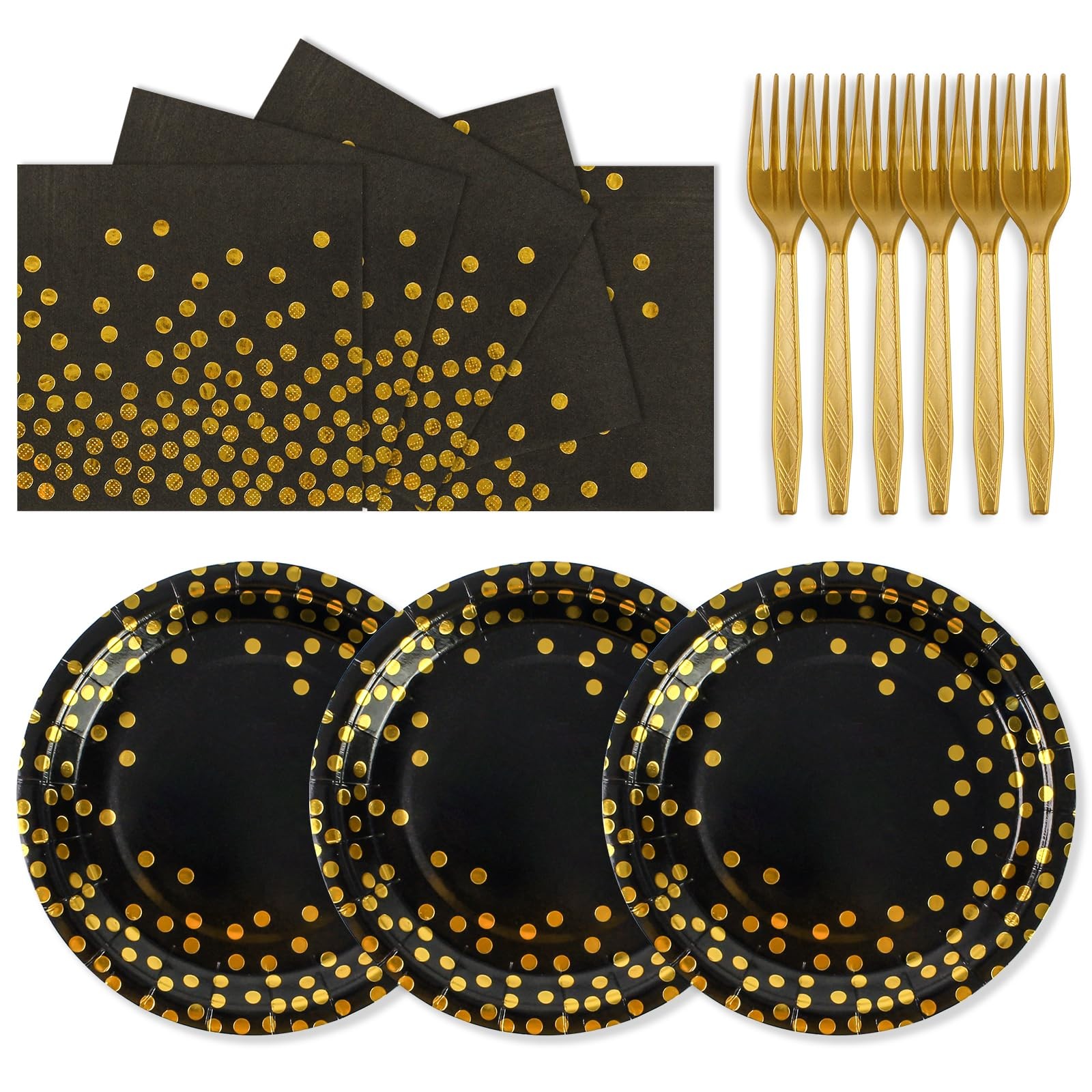 75PCS Paper Plates and Napkins Set – Black and Gold Dot Disposable Party Dinn…