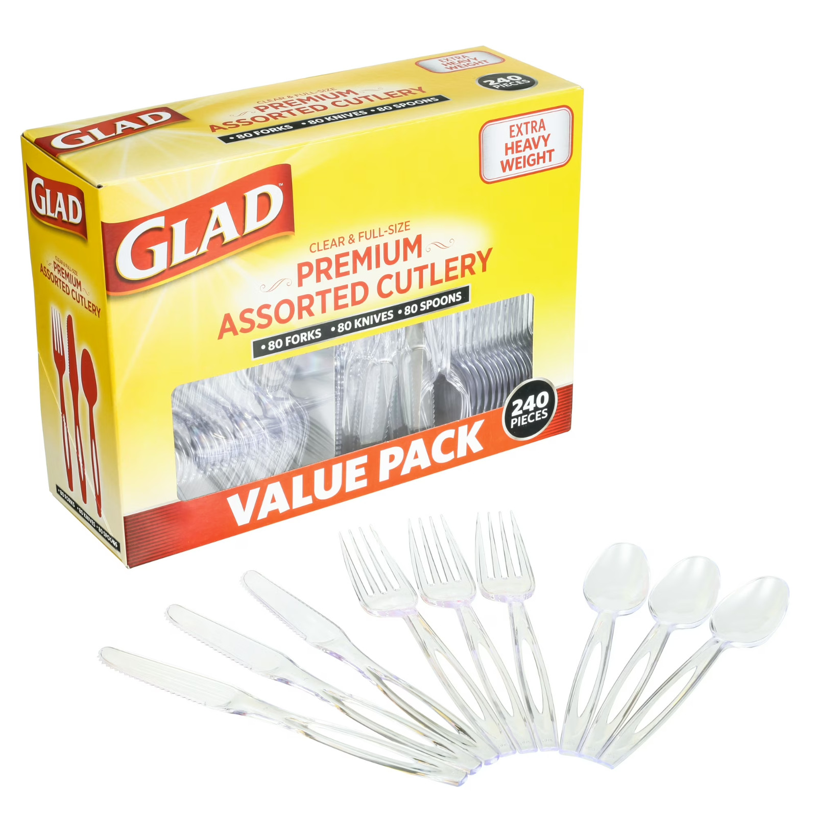 Glad 240 Count Clear Plastic Cutlery Set Forks Knives Spoons Party Utensils