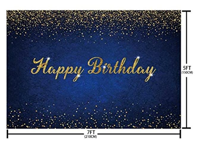 7x5ft Birthday Backdrop Happy Birthday Background Banner Gold 7X5ft Dark Blue