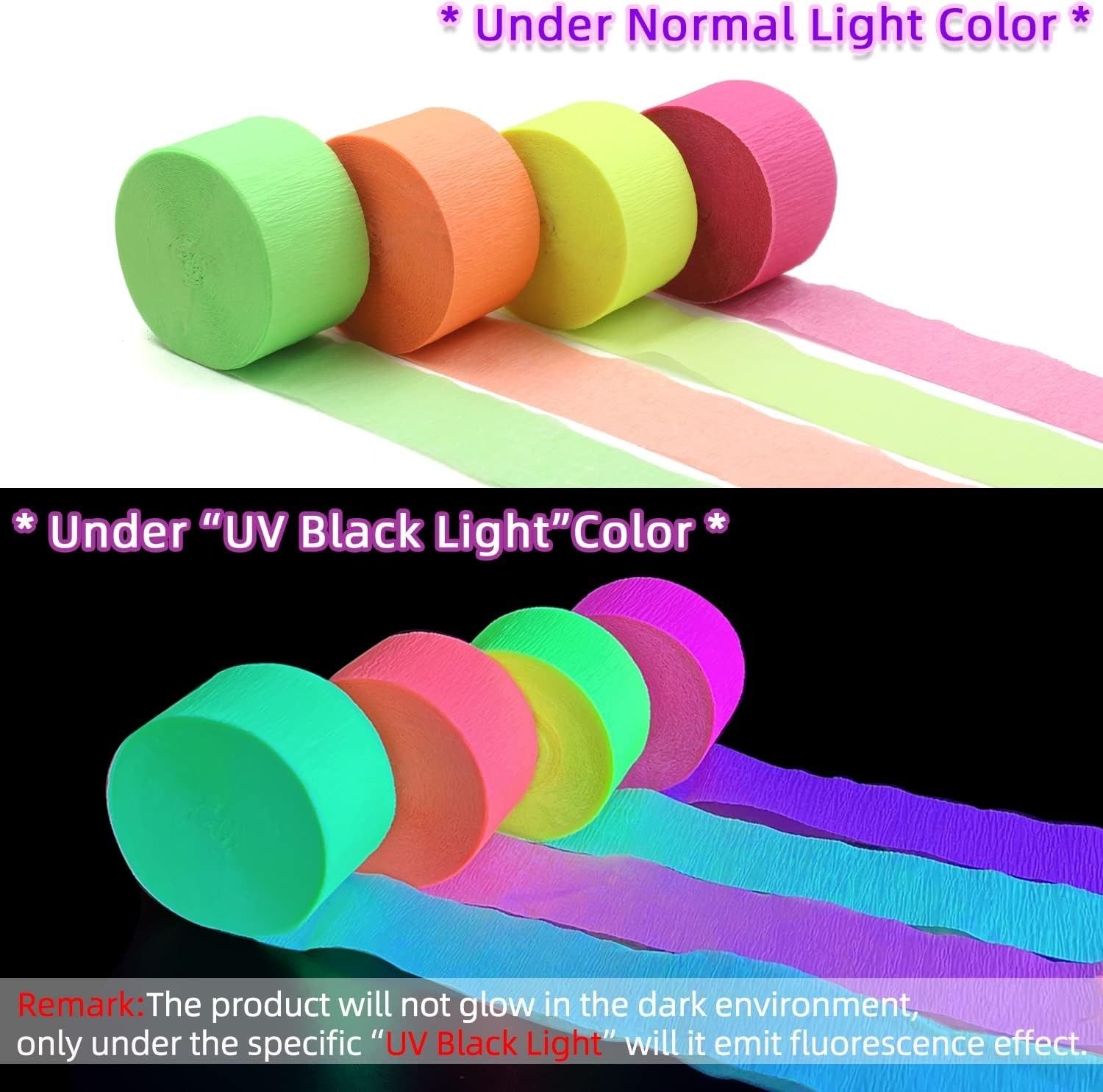 420feet Blacklight Party Streamer Decorations 4 Rolls Glow Crepe Paper UV Rea…