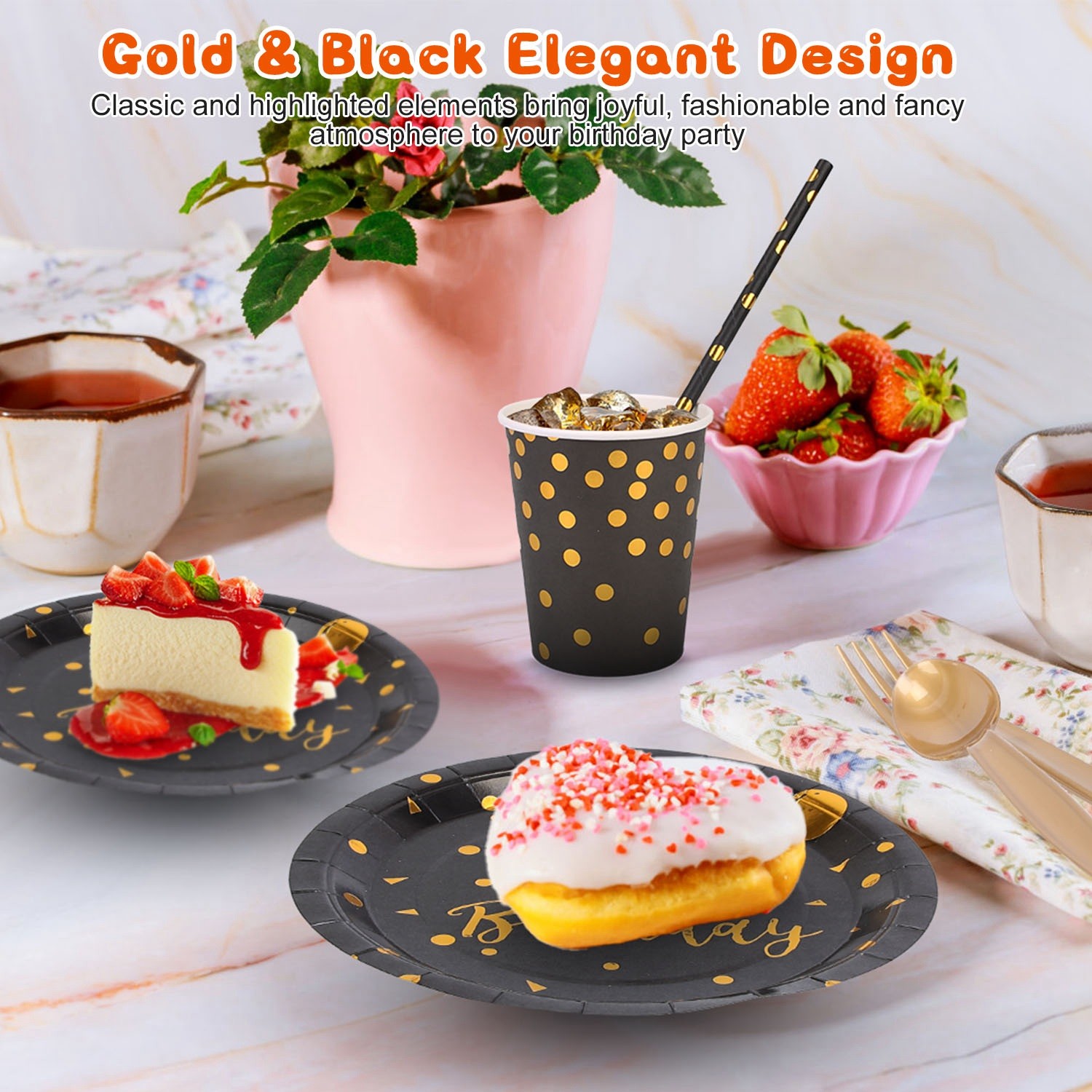 201‑Piece Black & Gold Birthday Party Set | Plates, Cups, Cutlery & Napkins for