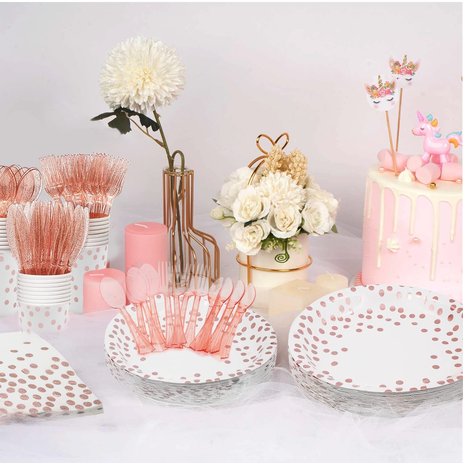 AIRE 350PCS White and Rose Gold Paper Plates Party Supplies for 50 Guests Par…
