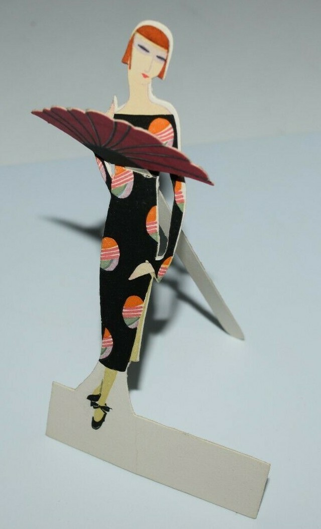 Vintage Art Deco Place Card Figure Stylized Exotic Women & Fans Asian 1920