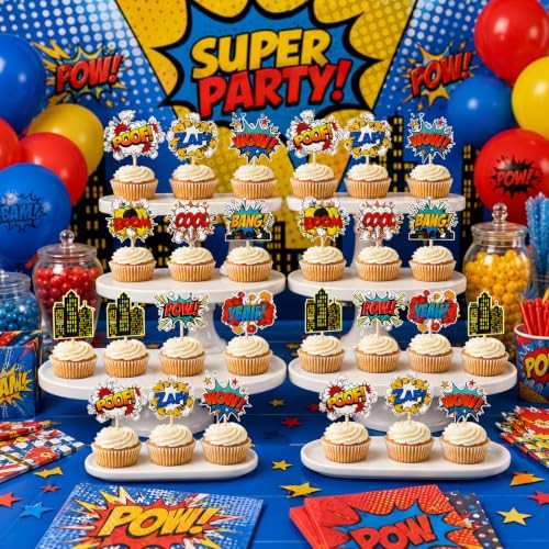 Hero Cupcake Toppers 36 PCS Hero Decorations Smash Crash Pow Picks for Hero
