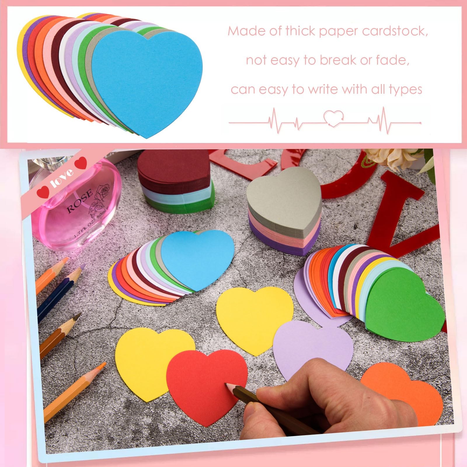 600 PCS 2 Inch Assorted Color Heart Paper Cutouts Cardstock Die Cuts Decor