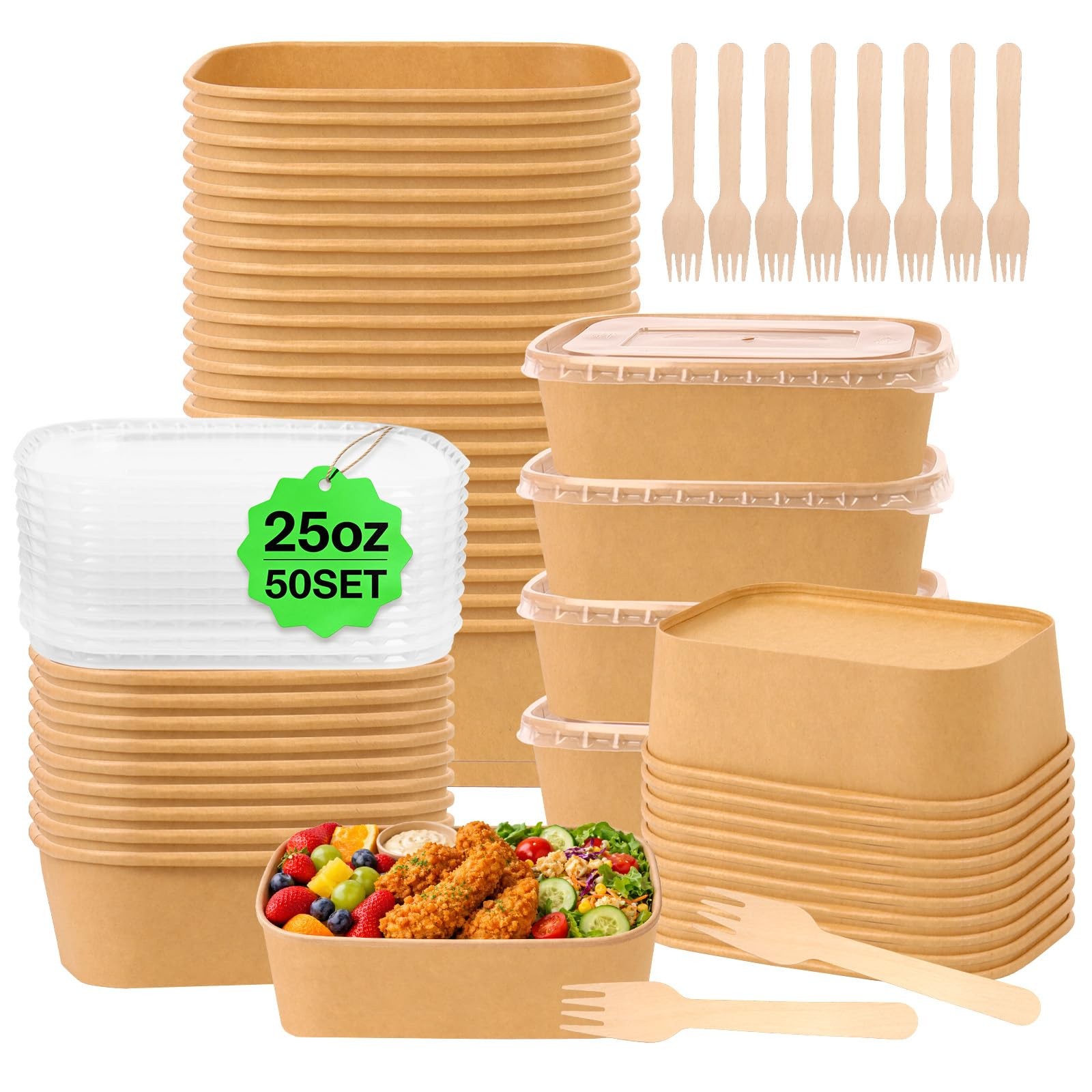 50 Pack 25 oz Paper Food Containers with Lids, Meal Prep Containers Disposabl…