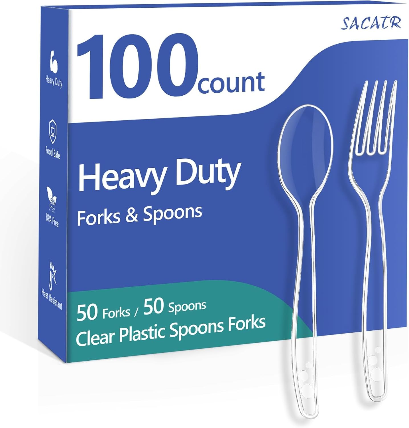 100 Count Plastic Silverware Heavy Duty -50 Forks, 50 Spoons, BPA-Free, Heat