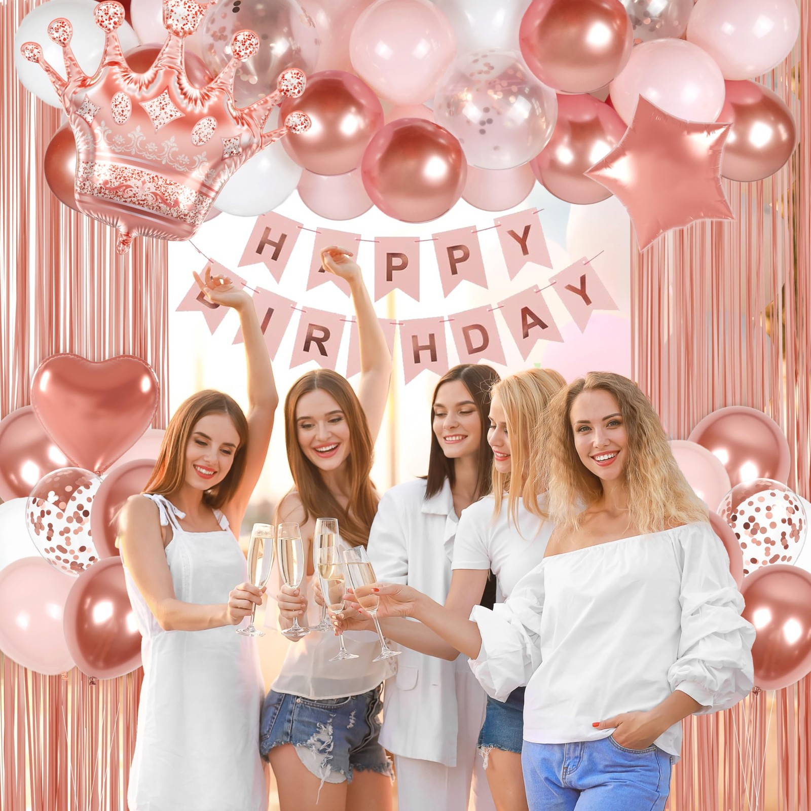 Rose Gold Birthday Decorations for Women with White Pink Rose Gold Balloons H…