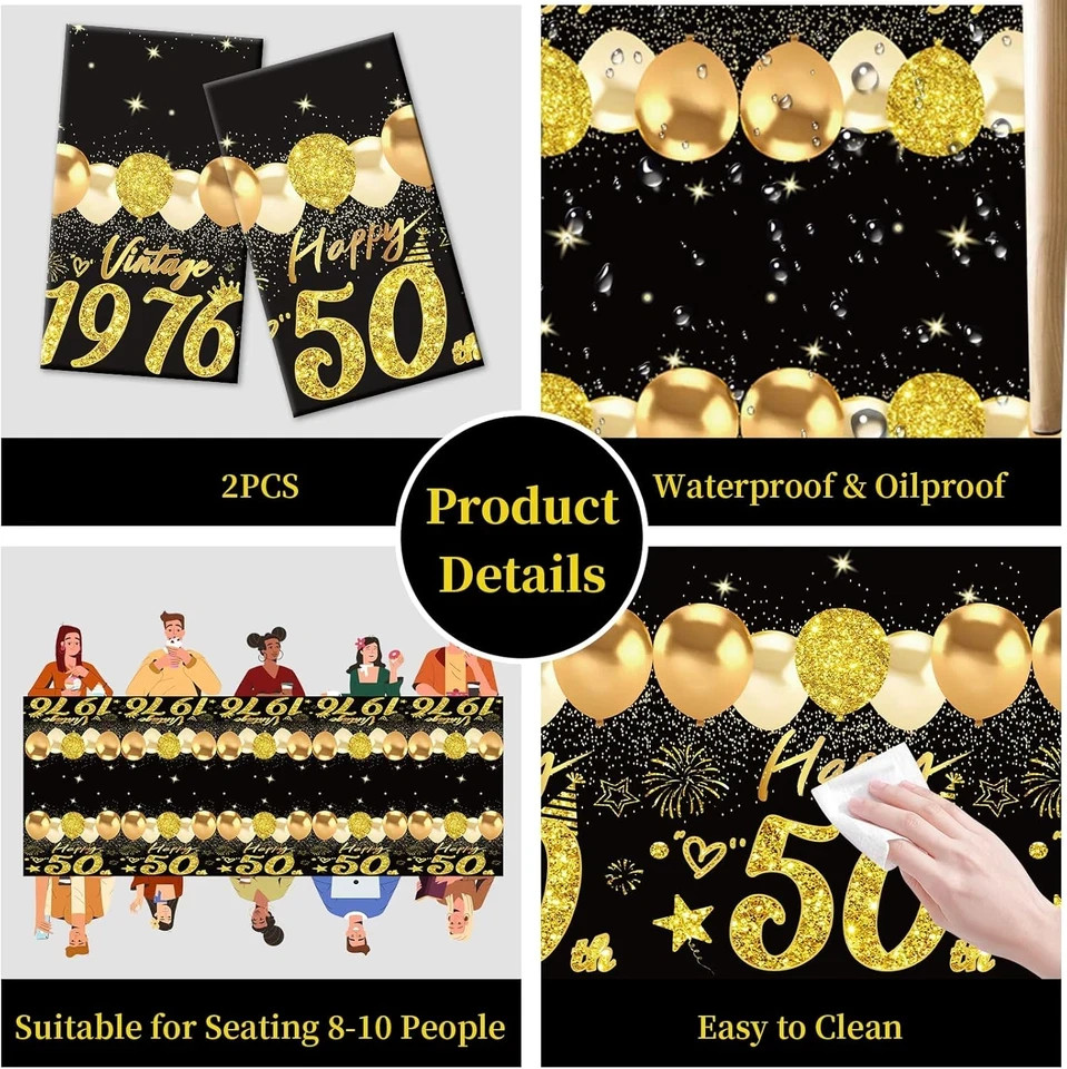 2Pcs 50Th Birthday Tablecloth, Black Gold 50Th Birthday Decorations for Men Wome