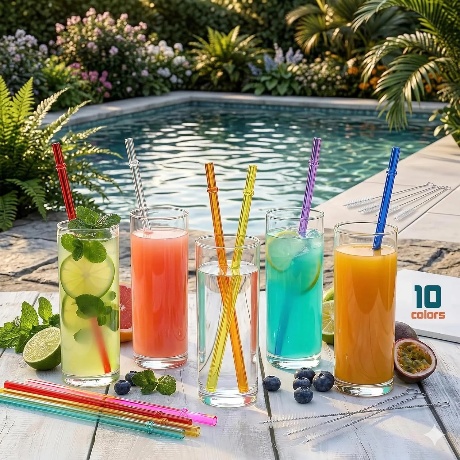 10.5 in Long Reusable Plastic Straws with Brush, Tritan Hard Plastic Tumbler Str