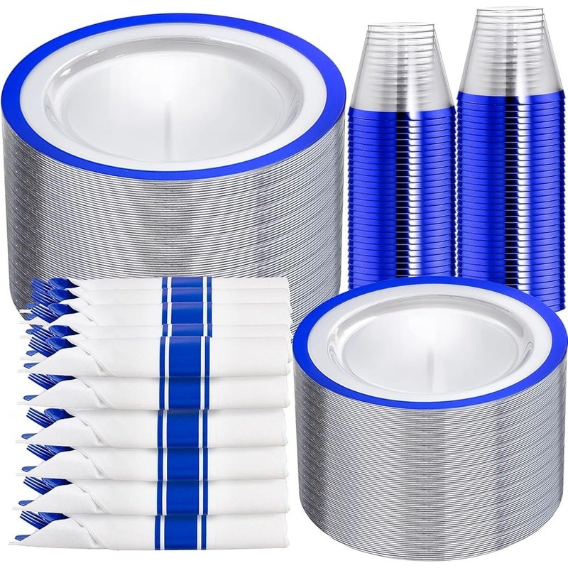 Royal Blue Disposable Plastic Plates Heavyweight Elegant Dinnerware Set Parties