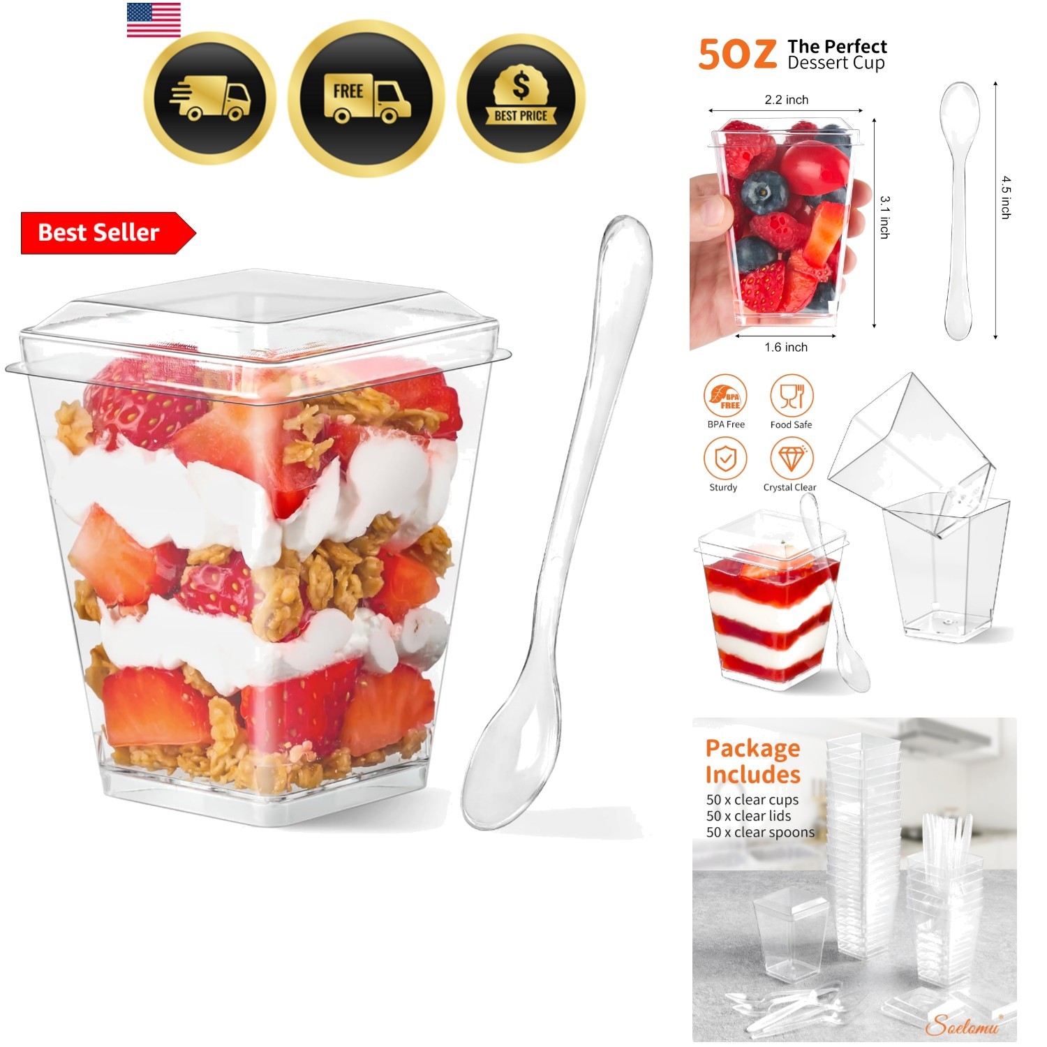 50 Pack 5 oz Plastic Dessert Cups with Lids and Spoons, Mini Parfait Cups Cle…