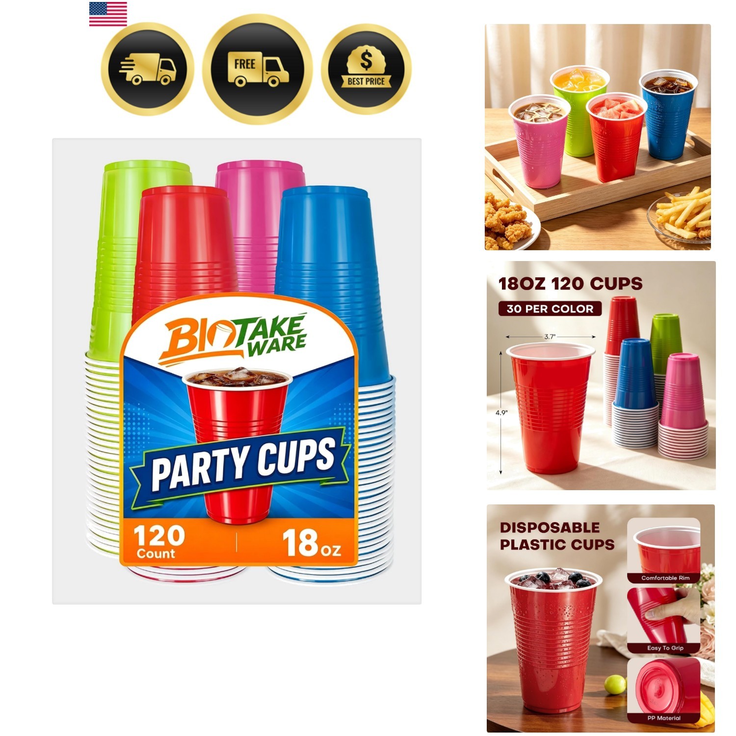 Disposable Plastic Cups, 120 Count, 18 Oz BPA-Free PP Plastic Cups, Assorted …