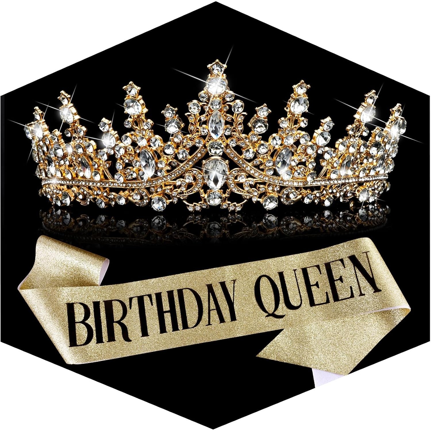 Birthday Queen Sash and Crown Set – Gold Rhinestone Tiara and Sash