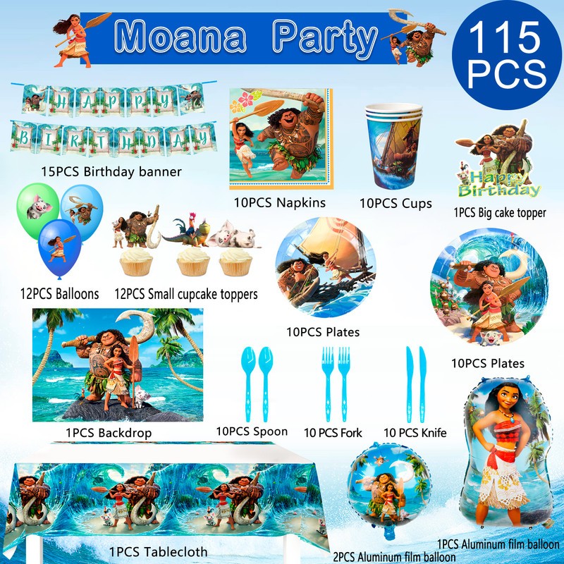 115 Pcs Moana Party Decorations and Tableware Set Tablecloth Backdrop Banner