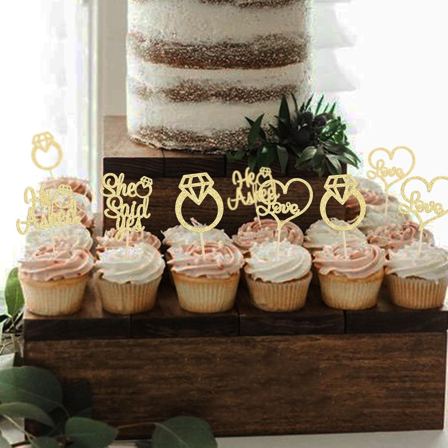He Asked She Said Yes Cupcake Toppers Gold Glitter Diamond Ring Heart Love Ca…