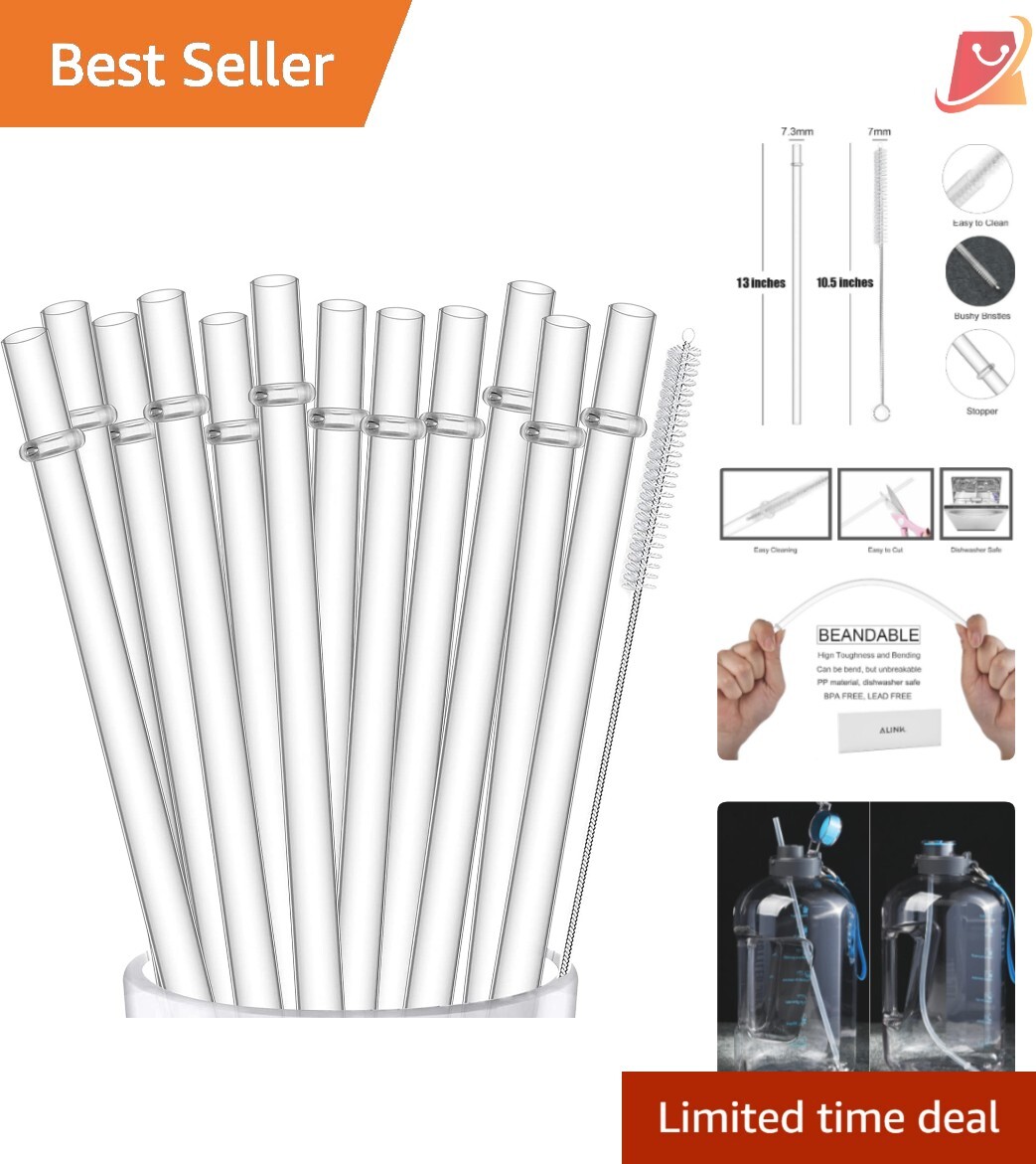BPA-Free 13 Inch Reusable Clear Straws for 32oz to 1 Gallon Bottles – 12 Pack