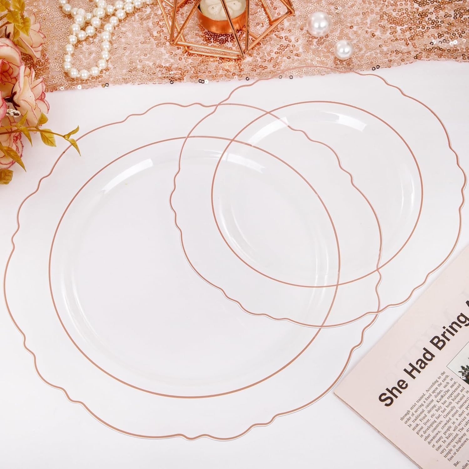 100pcs Rose Gold Plates Plastic Disposable – Baroque Clear and Rose Gold Plat…