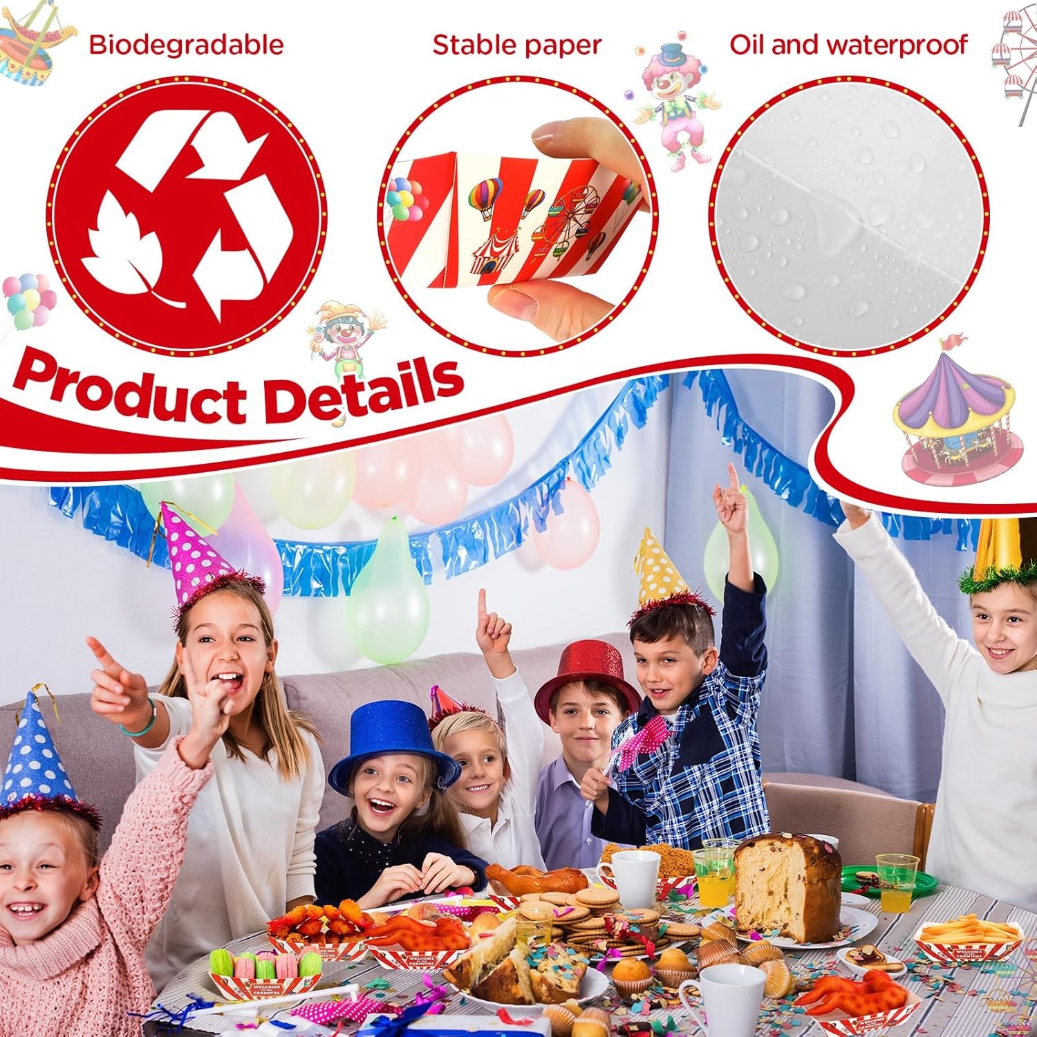 Tenceur 50 Pcs Carnival Paper Food Trays 2lb Carnival Decorations Red and White