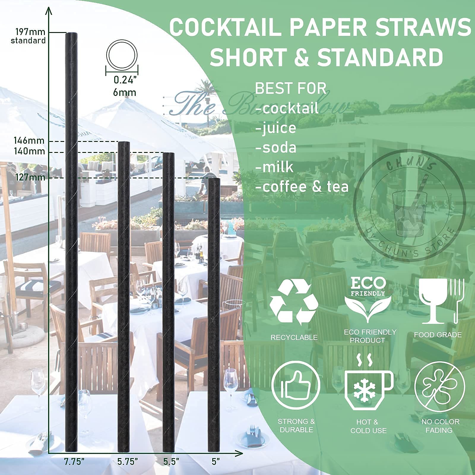 Black Paper Straws, Solid black/250 Bulk, 7.75 inch (250ct.),