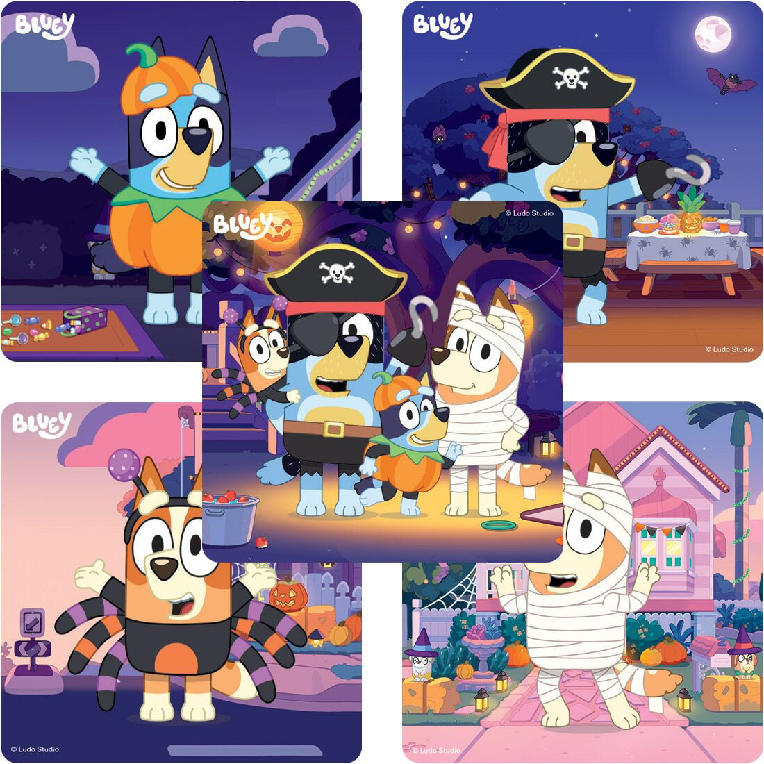 25 (Licensed) Bluey Halloween Stickers, 2.5″x2.5″ each, Party Favors