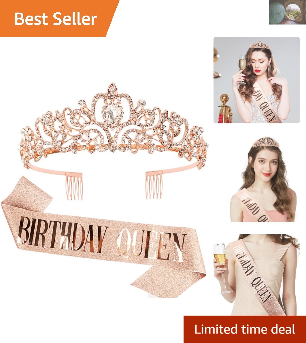 Stylish Rhinestone Tiara and Adjustable Birthday Sash Set in Rose Gold