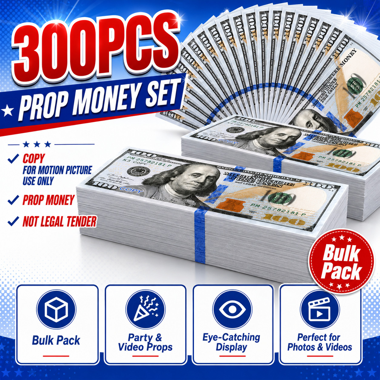 $100 Dollar Bills Prop Motion Picture Money $30,000 Dollars Total Copy Notes Set