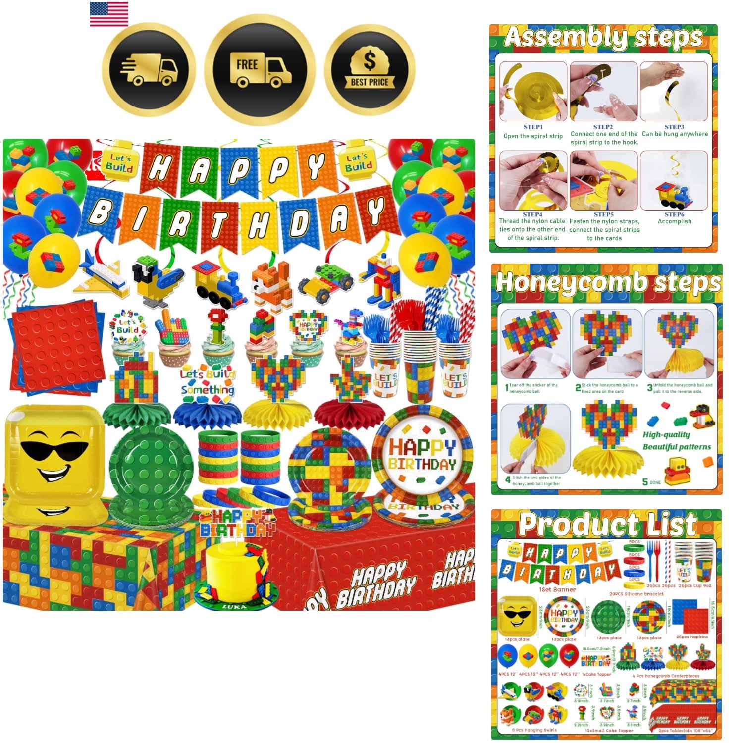 224Pcs Building Block Birthday Decorations, ALL-IN-1 Colorful Blocks Plates a…